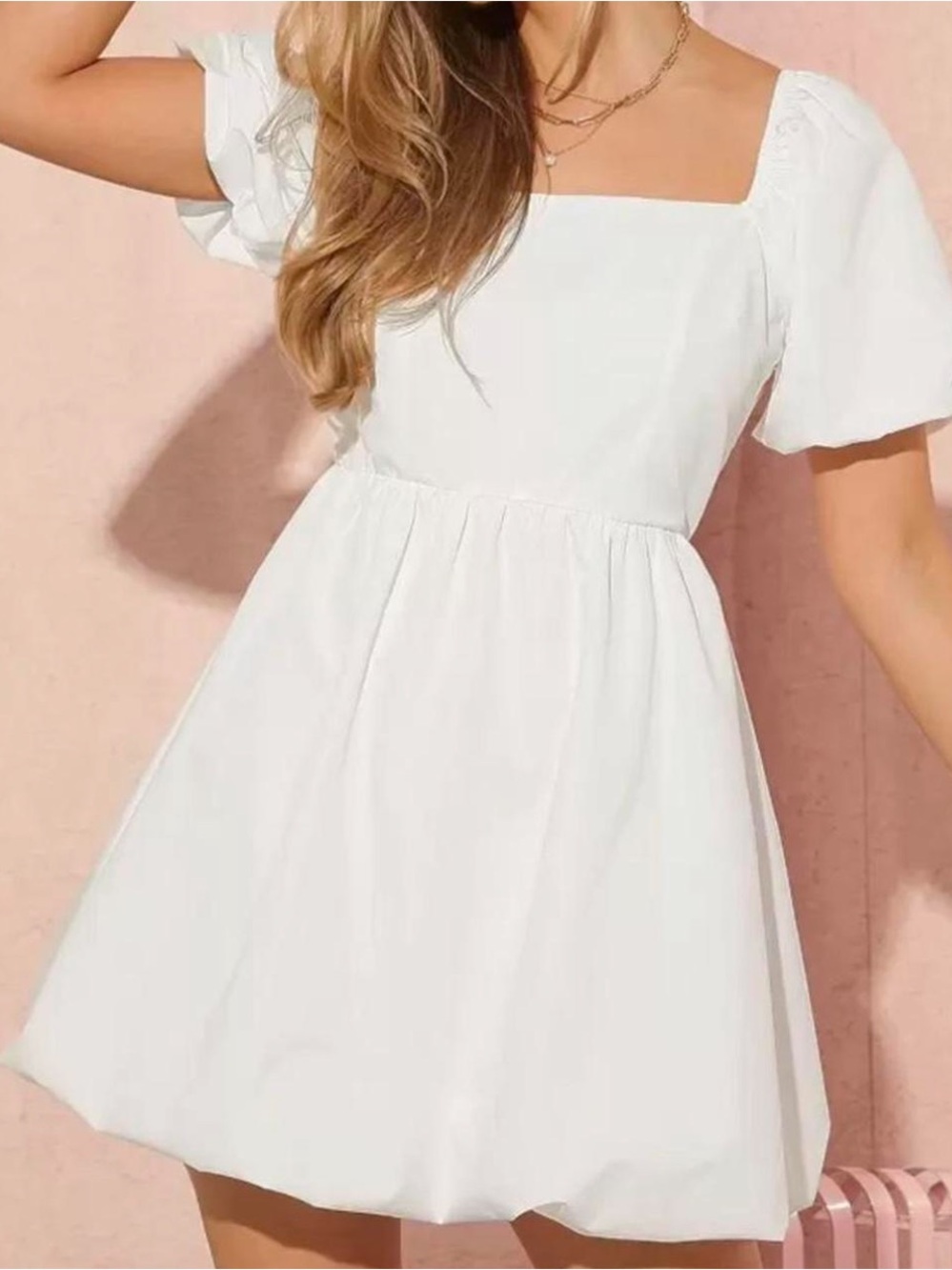 White Square Neck Puff Sleeve Mini Dress